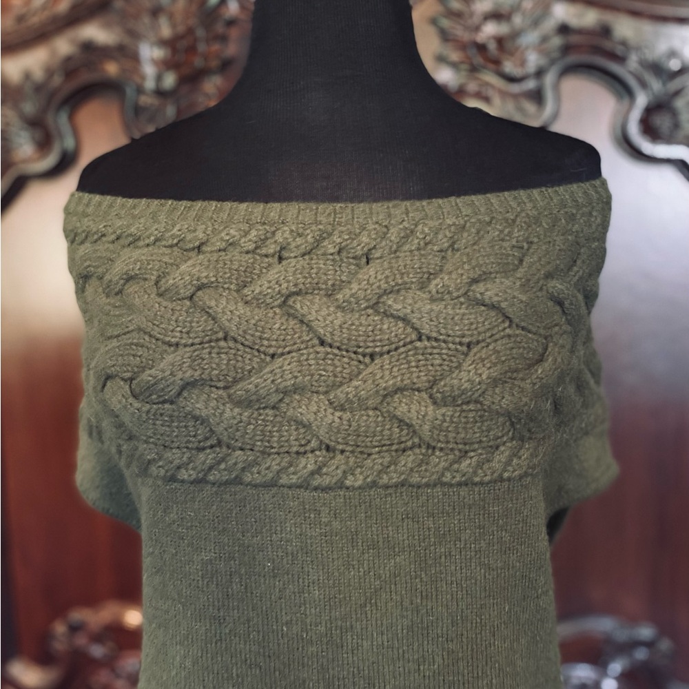 NWT BCBG MAXAZRIA OLIVE COLORED, OFF THE SHOULDER, WOOL SWEATER, SIZE XS